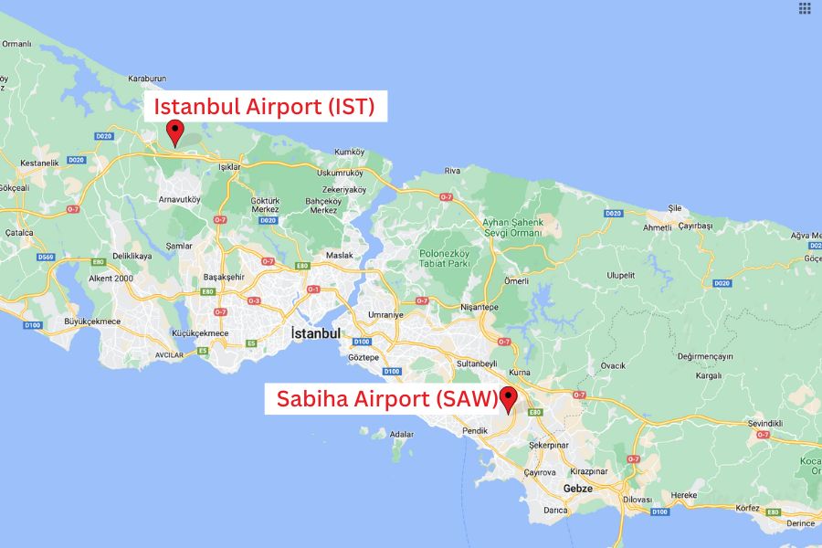 Airports of Istanbul on the map IST vs SAW on the map