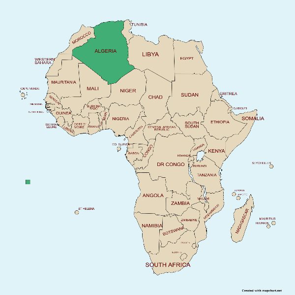 Algeria on a map of Africa