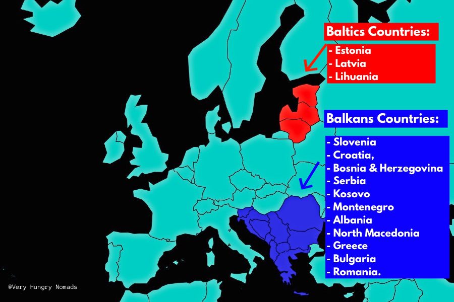 Baltics and Balkans Countries map with list of countries
