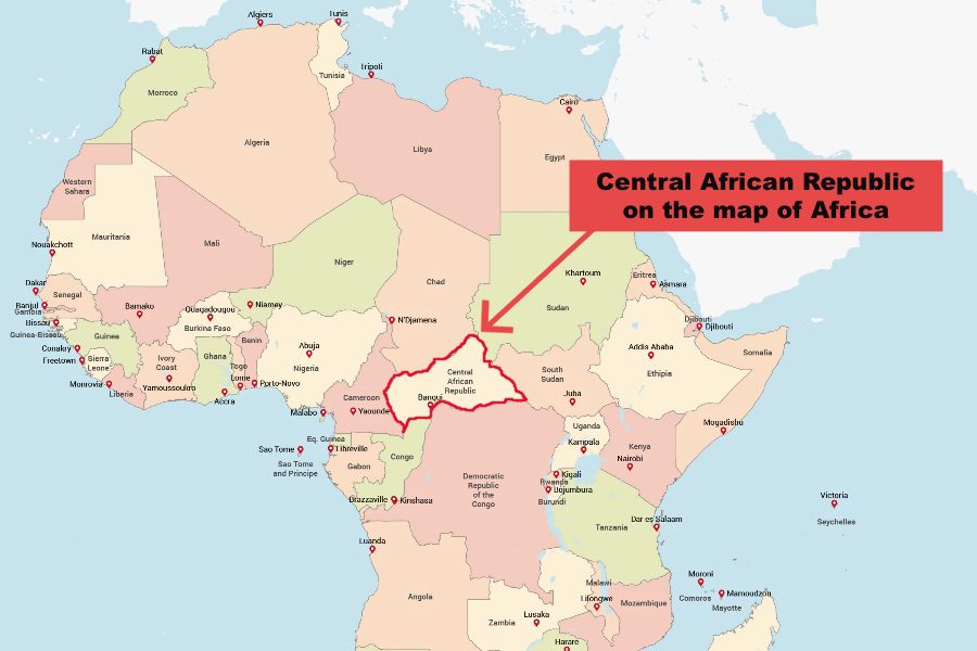 Visiting Central African Republic on a map of Africa