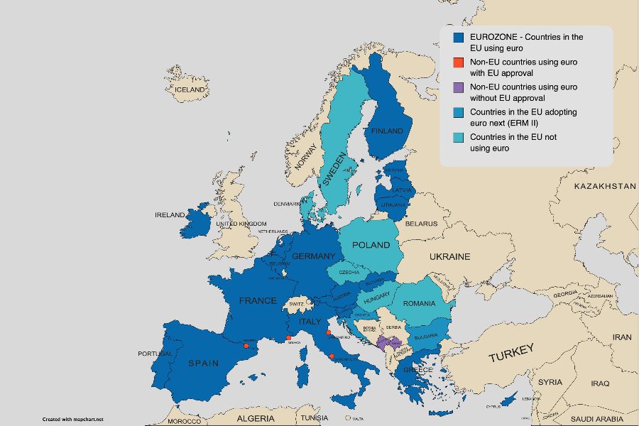 Countries in Europe using euro on a map