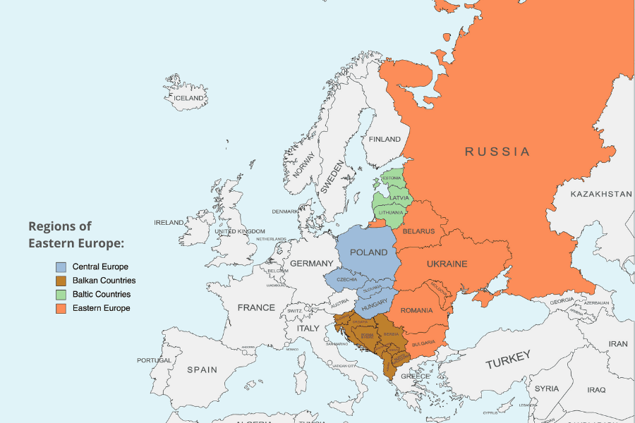 Countries of Eastern Europe - regions on a map