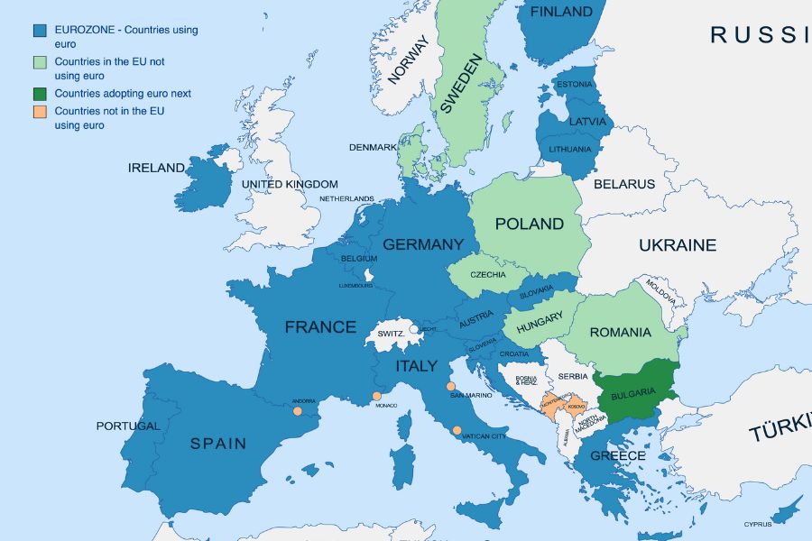 Countries using euro on the map of 2023 eurozone on the map, 
