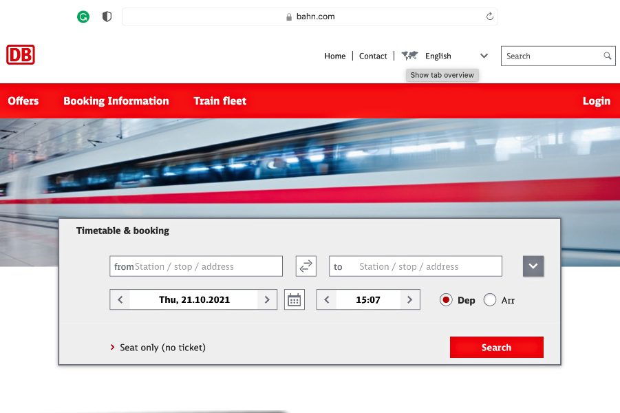Europe with train German rail website