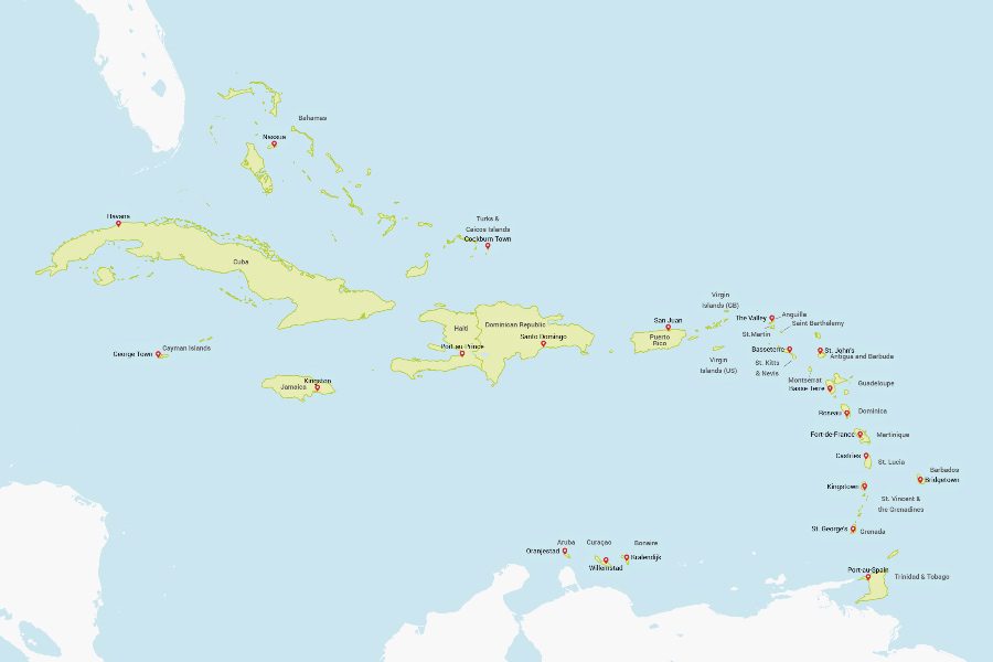 How many countries in North America - Map of the Caribbean countries in northern america