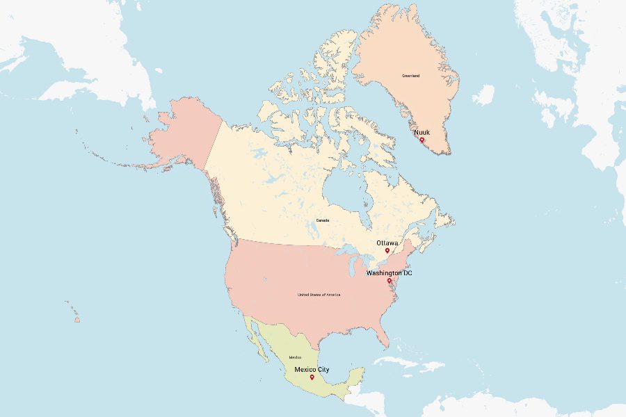 How many countries in North America - Map of the the there largest countries in northern america