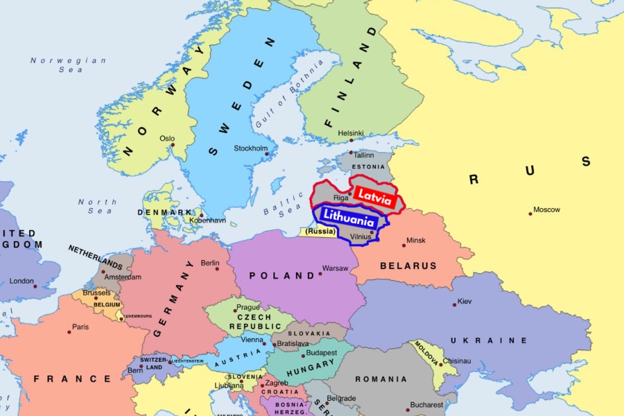 Latvia and Lithuania on a map