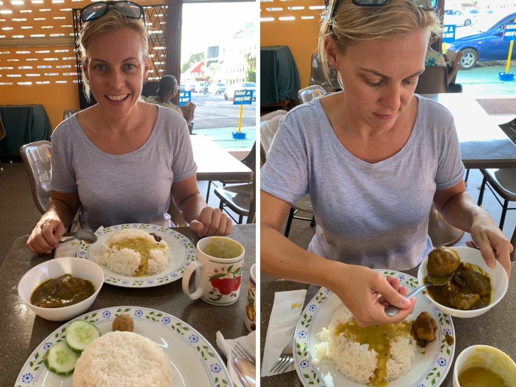 Trying foods in Guyana dahl and curry with rice Marty