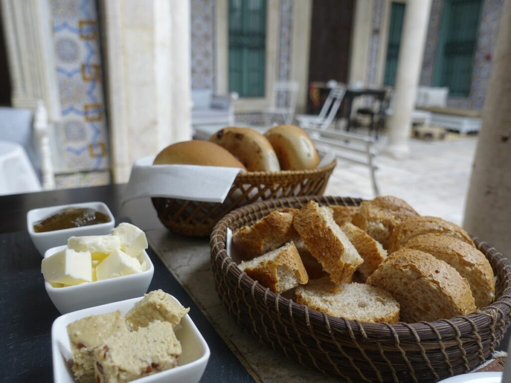 bread and condiments breakfast in Tunisia