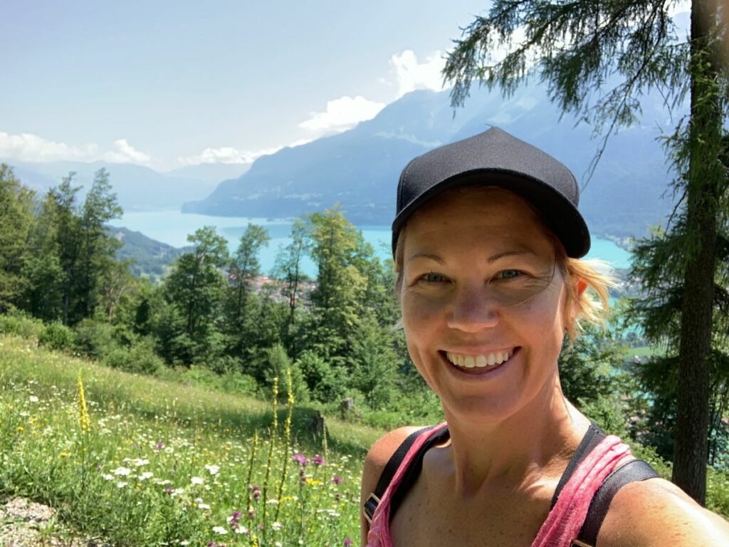 Rach hiking up to Harder Kulm Switzerland